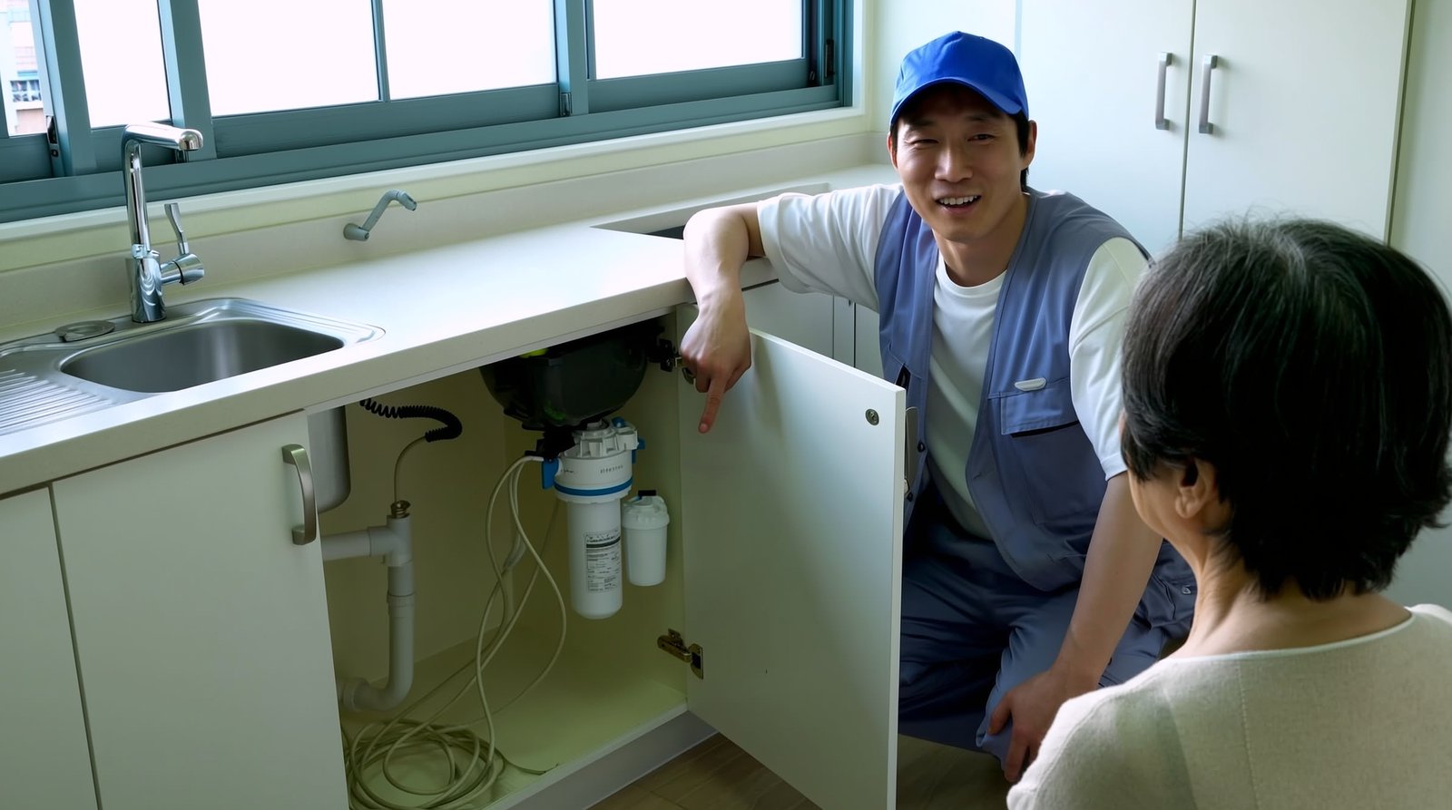 하늘색 모자와 조끼를 입은 담당 코디가 필터를 가리키며 설명하는 모습을 표현한 연출 이미지
